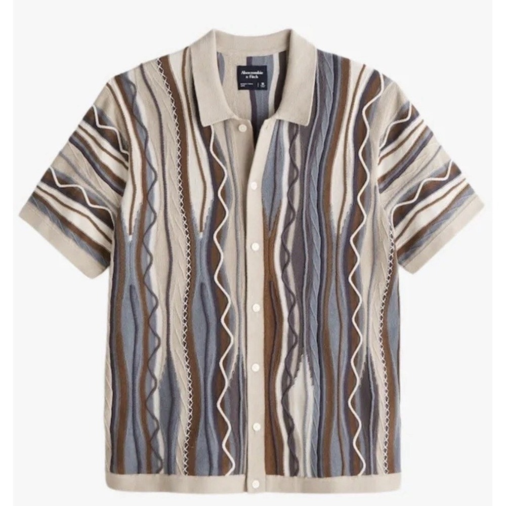 Abercrombie & Fitch XL Tall Jacquard Stripe Button Front Sweater Polo Blue Cream